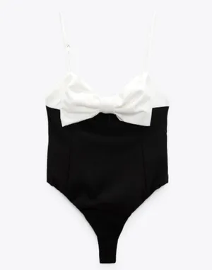 ZARA black bodysuit white bow top blouse thumbnail 7