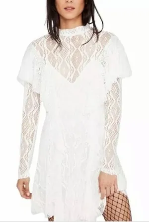 Free People Dress Womens Medium Ivory white‎ rock candy Lace Mock Neck Mini thumbnail 1