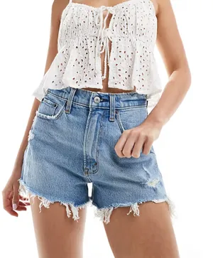 Abercrombie & Fitch Curve Love Raw Hem High Rise Denim Mom Shorts Blue 30 / 10 thumbnail 1