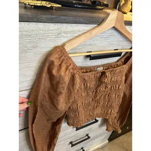 American Eagle Smocked Crop Top Brown Long Sleeve Square Neck Blouse Medium thumbnail 5