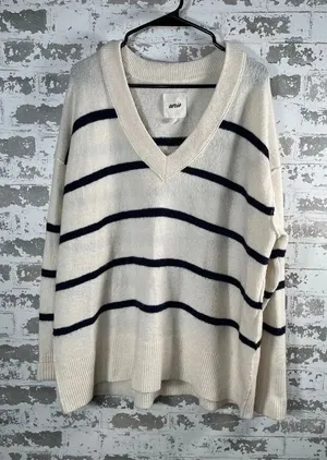 Aerie | women black and cream striped vneck sweater oversized thumbnail 1