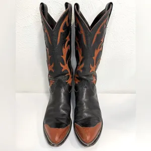 Vintage Tony Lama Cognac & Black Leather Inlay Cowboy Boots Size 7 RARE thumbnail 2