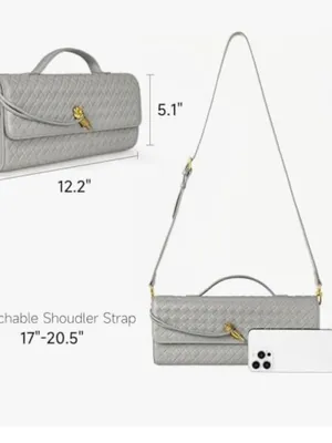 Woven Leather Top-Handle Clutch in Light Gray thumbnail 7