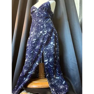 Celestial Navy Blue‎ Velvet Star Print Midi Dress V-Neck Slit Small thumbnail 3