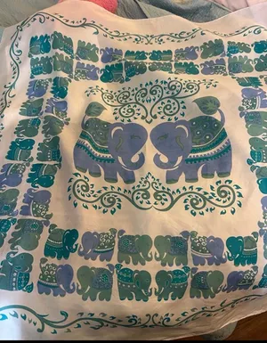 Edinburgh Vintage Shop Elephant Scarf Cream Blue Green Silky Square Scarf thumbnail 2