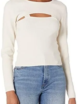 Women’s Cream Ribbed Cutout Crewneck Sweater thumbnail 1