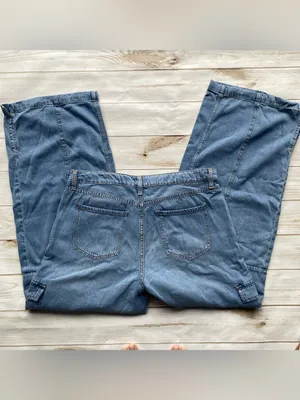 Time & Tru high rise wide leg cargo jeans light wash contour stitching NEW 12 thumbnail 3