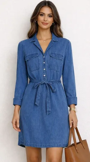 Old Navy Shirt Dress Blue Fortune Tencel Lyocell Utility Tie Waist Work CasualS thumbnail 1