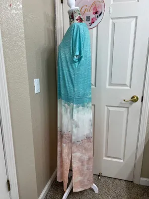 V-Neck Ombre Beach Maxi Cover-Up in Turquoise and Peach thumbnail 5