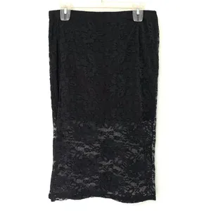 Black Floral Lace Pencil Midi Skirt XL Sheer Stretch Lined thumbnail 2
