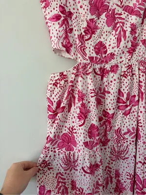 Zara Pink White Cut Out Floral Tiered Skirt Beaded Boho Cottagecore Maxi Dress M thumbnail 6