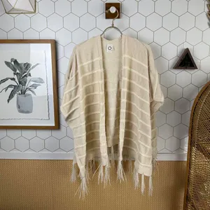 Akemi + Kin by Anthropologie Cream Miette Chenille Fringe Cardigan Poncho - O/S thumbnail 3