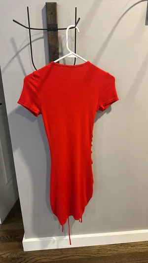 H&M Red T-Shirt Dress Ribbed w Ties thumbnail 4