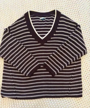 American Eagle Striped V-Neck Sweater Size M Brown thumbnail 1