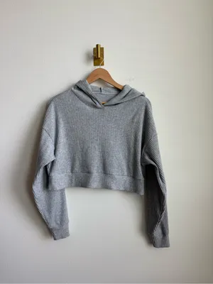 Alo Yoga Muse Cropped Ribbed Hoodie Gray Women's Medium Relaxed Fit thumbnail 2