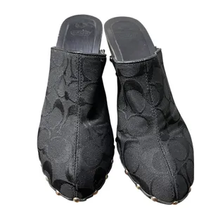 Y2K Coach Black Monogram Jacquard Studded Heeled Mules Wooden Clogs 7 thumbnail 2