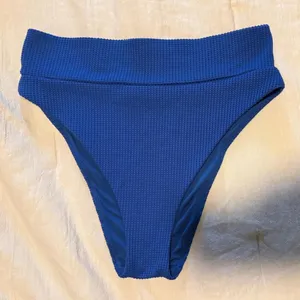 Aerie LG cheeky cut high waisted Blue ribbed swimsuit bottoms summer swim thumbnail 3