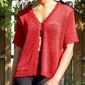 Sag Harbor 🍁 Bright‎ Red Scalloped Edge Open Knit Cardigan thumbnail 1