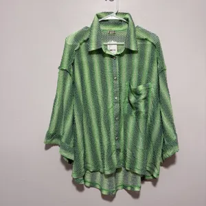 Free People NWT Green Line Up Mesh Oversized Button Down Top Size Medium thumbnail 3