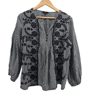 J.Crew Blouse Womens XL Gingham Eyelet Embroidered Black White EUC thumbnail 1