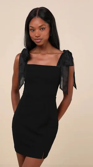 Lulus Beaming Perfection Black Beaded Organza Tie-Strap Mini Dress LBD Size XS thumbnail 1
