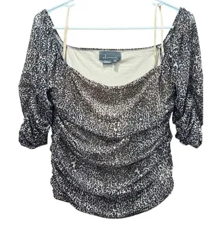 Anthropologie Leopard‎ Mesh Ruched Off Shoulder Top Brown Black Medium thumbnail 1