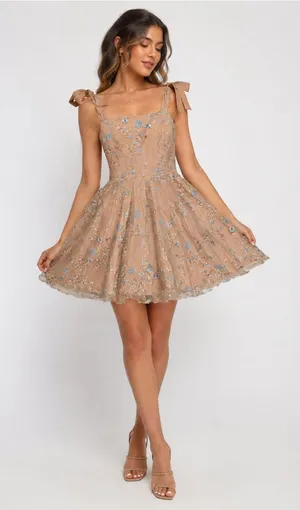 Embroidered Tie-Shoulder Midi Dress in Nude with Blue Accents thumbnail 1