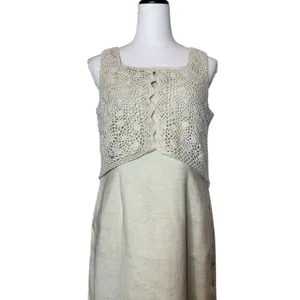 Vintage Y2K 100% Linen Maxi Dress Size 8 Crochet Button Up Fairy Coastal Boho thumbnail 3