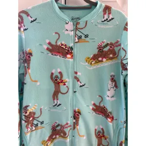 Nick & Nora Mint Green Fleece Sock Monkey Winter Sled Snowman One Piece Pajama thumbnail 2