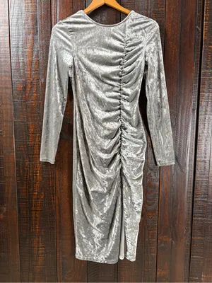 Future Collective Silver Ruched Velvet Long Sleeve Midi Dress thumbnail 2