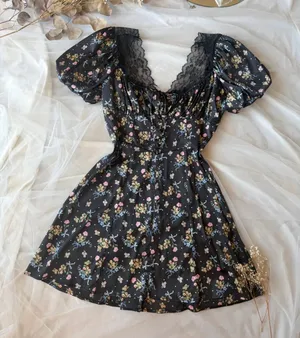 For Love And Lemons August Floral Bow Satin Lace Trim Mini Dress thumbnail 1