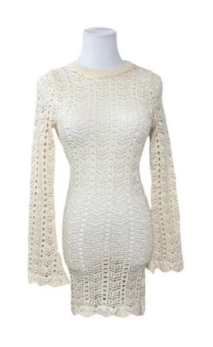 Nasty Gal Ecru Crochet Knitted Open Back Mini Dress Long‎ Sleeve Boho Size 4 NEW thumbnail 1