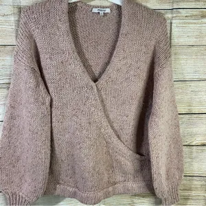 pink chunky knit sweater women size Small wrap front pullover thumbnail 5