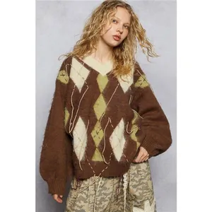 POL V-Neck Argyle Pattern Mohair Sweater with‎ Contrast Exposed Stitch Detail thumbnail 11