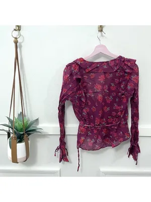 Free People Amanda Ruffle Wrap Top Blouse Floral Red Pink Size M thumbnail 7