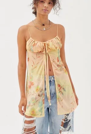 Urban Outfitters Angelic Longline Flyaway Cami Floral Sheer Tie-Front Top Fairy thumbnail 1