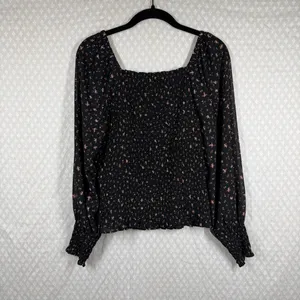 Madewell Black Pink‎ Floral Georgette Lucie Bubble Sleeve Smocked Top thumbnail 6