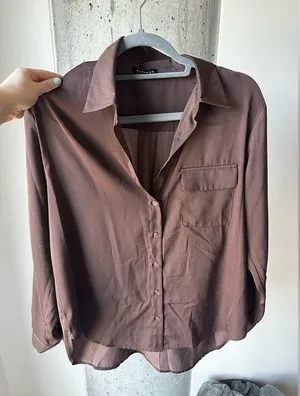 Nordstrom Brown Long Sleeve Button Satin Blouse thumbnail 1