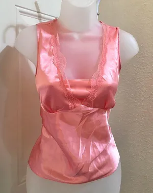 2000s Y2K Coquette Pink satin camisole sleeveless blouse with lace detailing V-neck lingerie style top Excellent condition measurement in pics-Size 12/L thumbnail 1