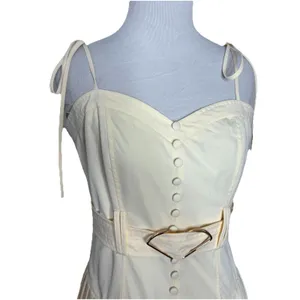 EBLuxe Cream Fitted Bodice Button Belted Ruffle Maxi Dress Size Medium thumbnail 3