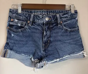 American Eagle Dark Wash Stretch Perfect Shortie Denim Shorts Cuffed Raw Hem 00 thumbnail 1