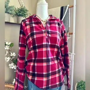 Eddie Bauer Pink/Orange Plaid Quarter Zip Fleece Pullover Sweatshirt thumbnail 2