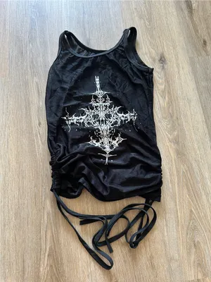 Black mesh tank top with white ornate cross graphic and adjustable tie ruching thumbnail 3