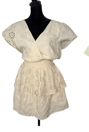 AE Cottagecore BOHO Eyelet Lace Ruffle Tiered Smocked Wrap Mini‎ Dress Size M thumbnail 1