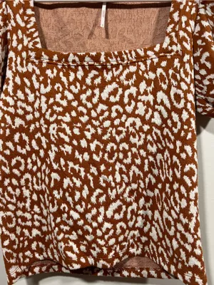Free People Rust and White Leopard Puff Sleeve Square Neck Top Medium thumbnail 3