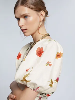 & Other Stories 100% Linen Floral Puff Sleeve Midi Dress thumbnail 2