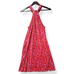 Petal + Pup Halter Dress Pink Floral Pleated Boho Resort Vacation Party Womens L thumbnail 3