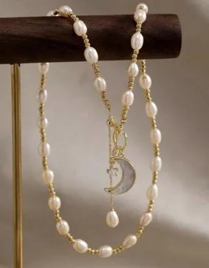 Mother Of Pearl Necklace Moon Charm OT Buckle White stainless steel jewelry NEW thumbnail 1