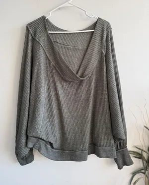 We The Free Free People Womens Large Green Waffle Knit Thermal Kangaroo Pocket thumbnail 1