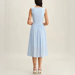 Rihoas Blue V Neck Button Sleeveless Midi Dress thumbnail 4